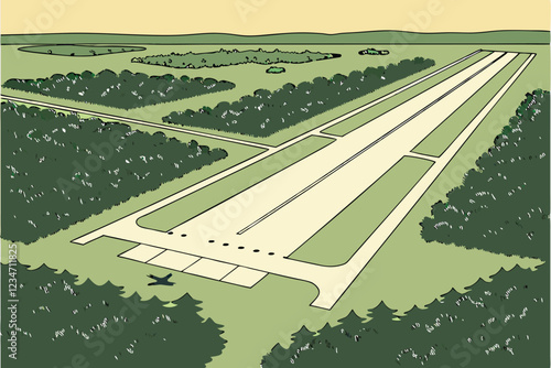  Aerial view, long straight runway, dense green forest, clearing in woods, paved airstrip, symmetrical landscape, sunlit treetops, aviation infrastructure, environmental contrast, geometric lines in