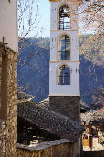 The pretty Kovachevitsa St. Nikola church in Bulgaria in November photo