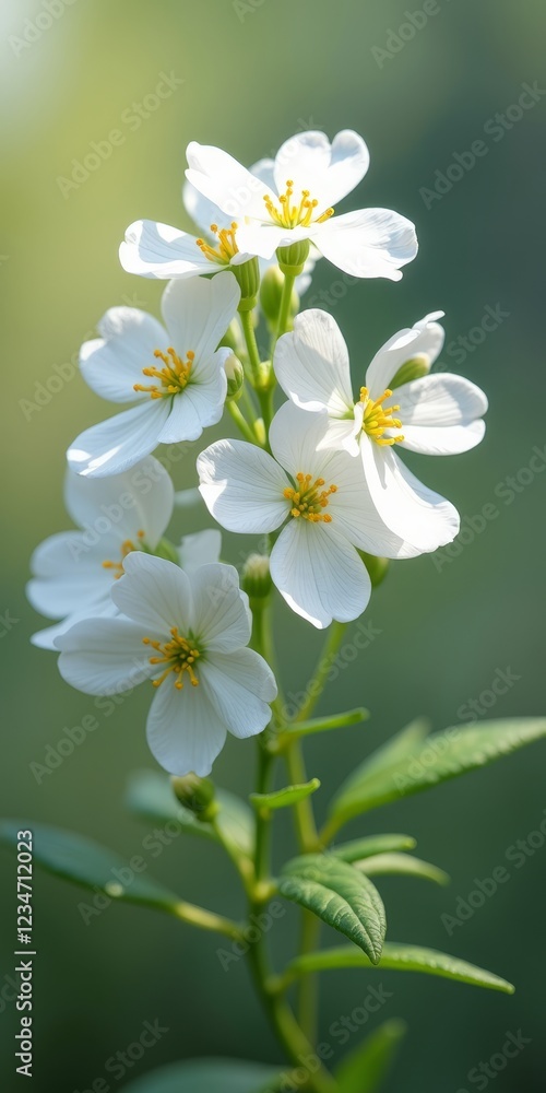 Obraz premium A delicate white flower with yellow stamens, set against a blurred green background