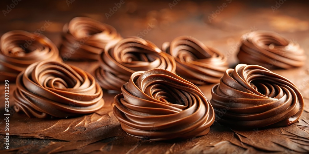 Creamy chocolate swirls twisted into a rope-like shape, forming a mesmerizing design on the surface of a rich brown dessert , food texture, delicious Creamy chocolate swirls twisted into a rope-like shape, forming a mesmerizing design on the surface of a rich brown dessert , food texture, delicious