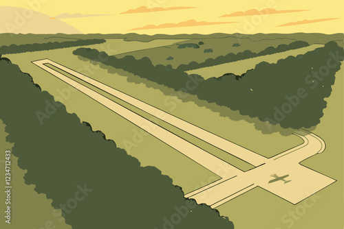  Aerial view, long straight runway, dense green forest, clearing in woods, paved airstrip, symmetrical landscape, sunlit treetops, aviation infrastructure, environmental contrast, geometric lines in