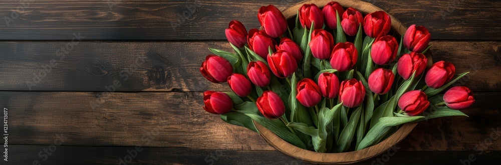 Fototapeta premium Red tulips on a wooden background, top view. Spring flowers for Mother's Day or Women's Day with copy space. Happy women's and woman's greeting holiday concept.