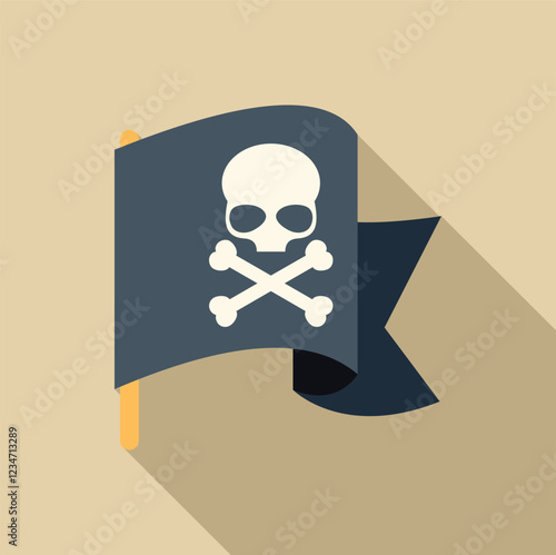 Jolly roger waving in the wind, symbolizing piracy and danger, with long shadow
