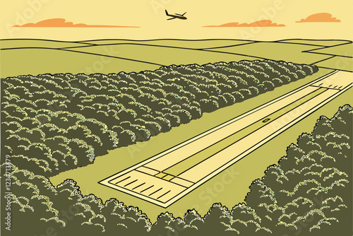  Aerial view, long straight runway, dense green forest, clearing in woods, paved airstrip, symmetrical landscape, sunlit treetops, aviation infrastructure, environmental contrast, geometric lines in