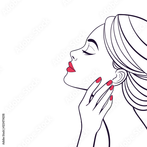 A profile view of a woman with a serene expression, her hands gently caressing her neck.