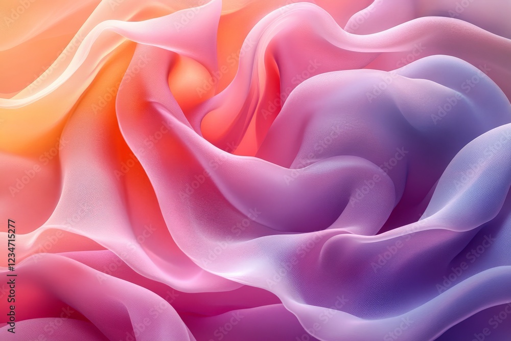 Flowing silk fabric displays vibrant colors in hues of pink, orange, and purple creating a soft and dreamy atmosphere Flowing silk fabric displays vibrant colors in hues of pink, orange, and purple creating a soft and dreamy atmosphere