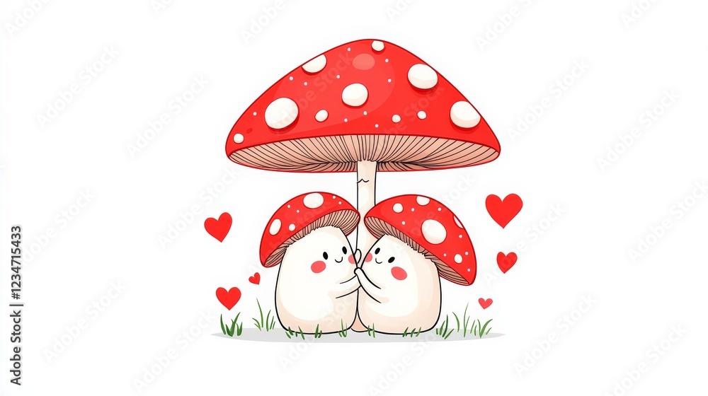 Cute illustration of kawaii mushrooms under a heart umbrella in a whimsical scene