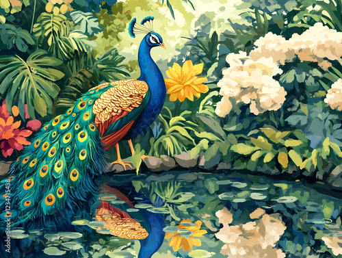 Majestic Peacock in a Lush Garden, Vibrant Peacock with Stunning Feathers, Exotic Bird by a Tranquil Pond
