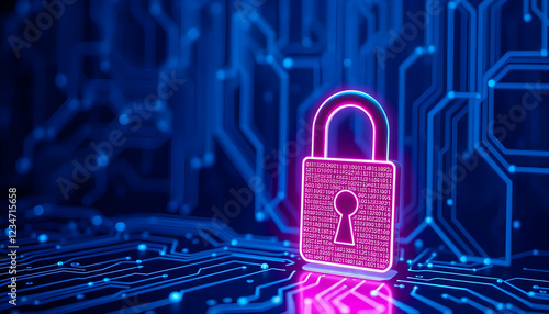 Wallpaper Mural Glowing neon pink padlock, digital circuit background, cybersecurity concept, blue technological landscape, 3D rendering, futuristic design, data protection visualization, high-tech security illustrat Torontodigital.ca