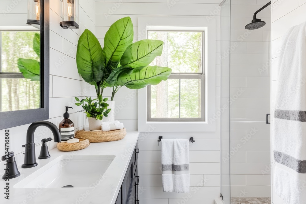 Obraz premium A before-and-after image of a small bathroom, showcasing the dramatic transformation with modern tiles and fixtures