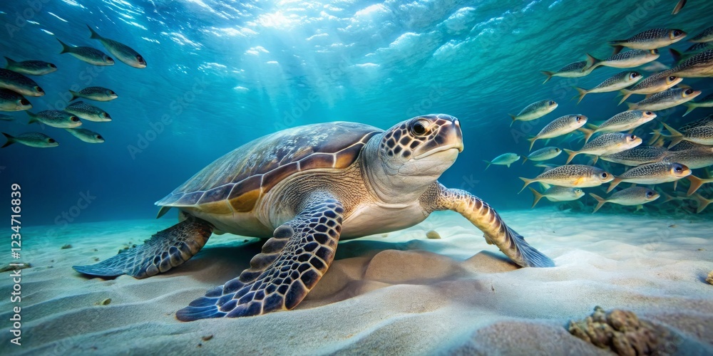 Fototapeta premium Majestic Sea Turtle Swimming Among Schools of Tropical Fish