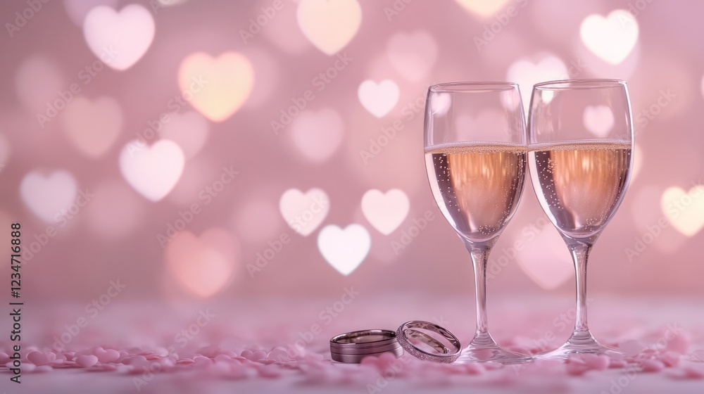 Wedding rings and two glasses of champagne stand on a reflective surface with a heart-shaped bokeh effect in the background, creating a romantic atmosphere with space for text Wedding rings and two glasses of champagne stand on a reflective surface with a heart-shaped bokeh effect in the background, creating a romantic atmosphere with space for text