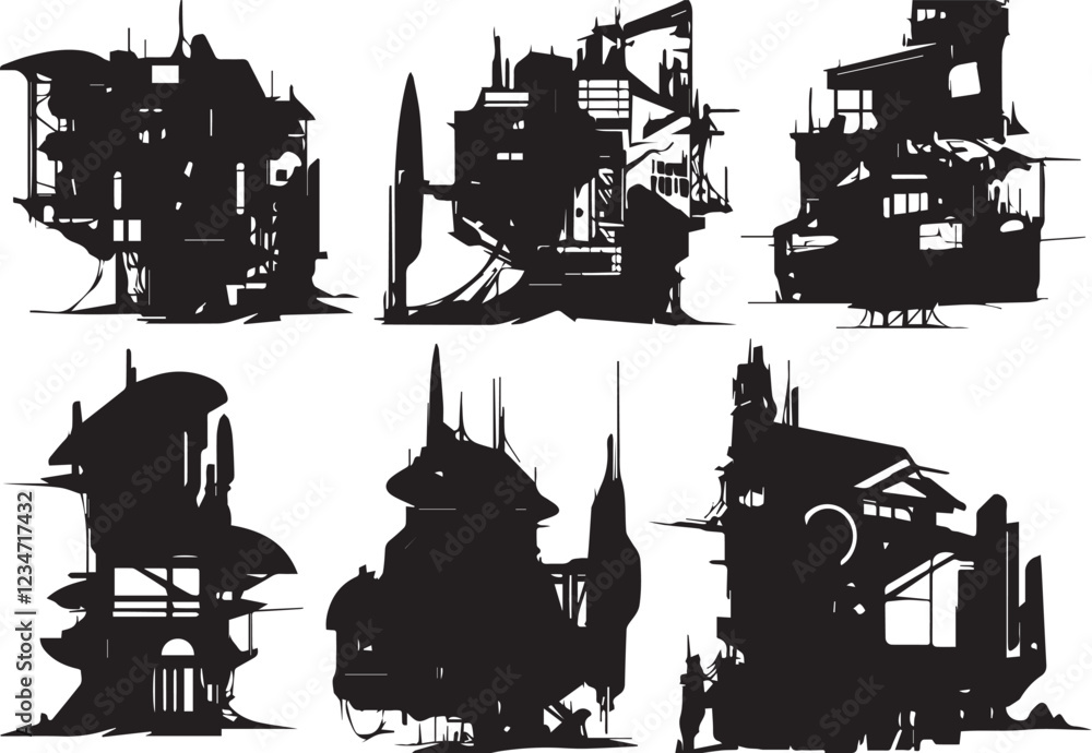 Obraz premium Set of building silhouettes for flat design. Hand drawn vector illustration