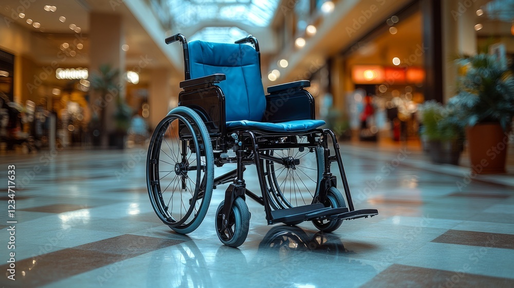 Obraz premium A solitary wheelchair rests on the polished floor in a vibrant mall