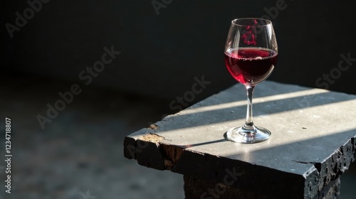 A glass of red wine rests on a weathered stone surface, bathed in sunlight, creating a dramatic contrast between the rich color of the wine and the rough texture of the stone.