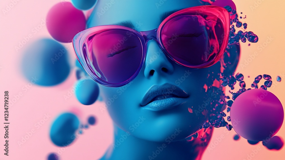 Surreal Blue Woman with Pink Sunglasses and Abstract Spheres Surreal Blue Woman with Pink Sunglasses and Abstract Spheres