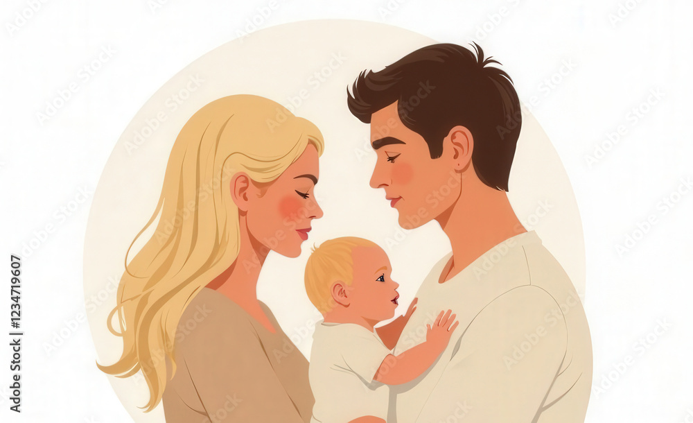 A loving family illustration featuring a father, mother, and baby in a warm embrace A loving family illustration featuring a father, mother, and baby in a warm embrace