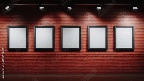 An industrial-style loft with four wall frame mockups of varying sizes displayed on a red brick wall, illuminated by bold, dramatic spotlights.