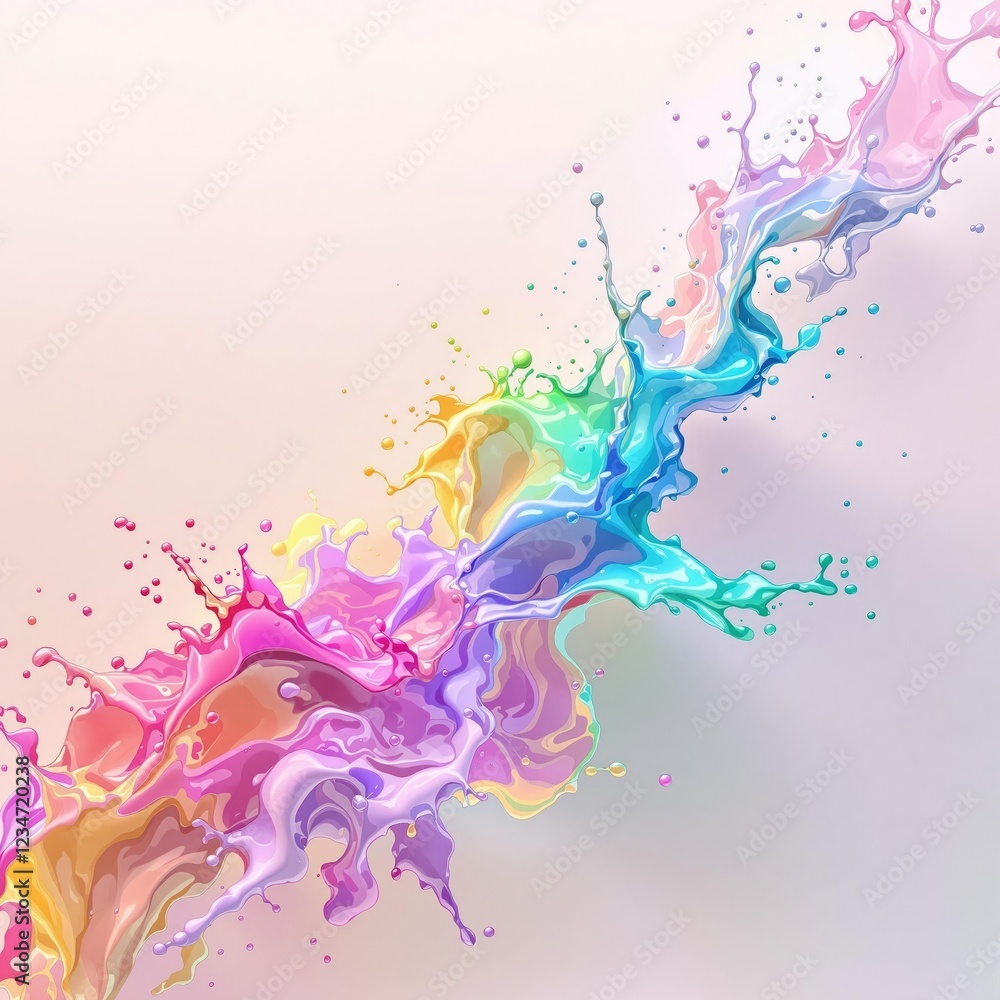 Abstract rainbow liquid splashes against light gradient backdrop, conceptual, paint, rainbow Abstract rainbow liquid splashes against light gradient backdrop, conceptual, paint, rainbow
