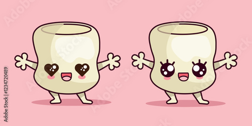 Funny marshmallow characters laughing Cute vector illustration in kawaii style.