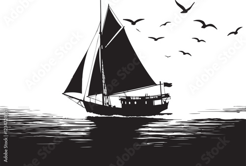 silhouette image, old fishing boat, vector