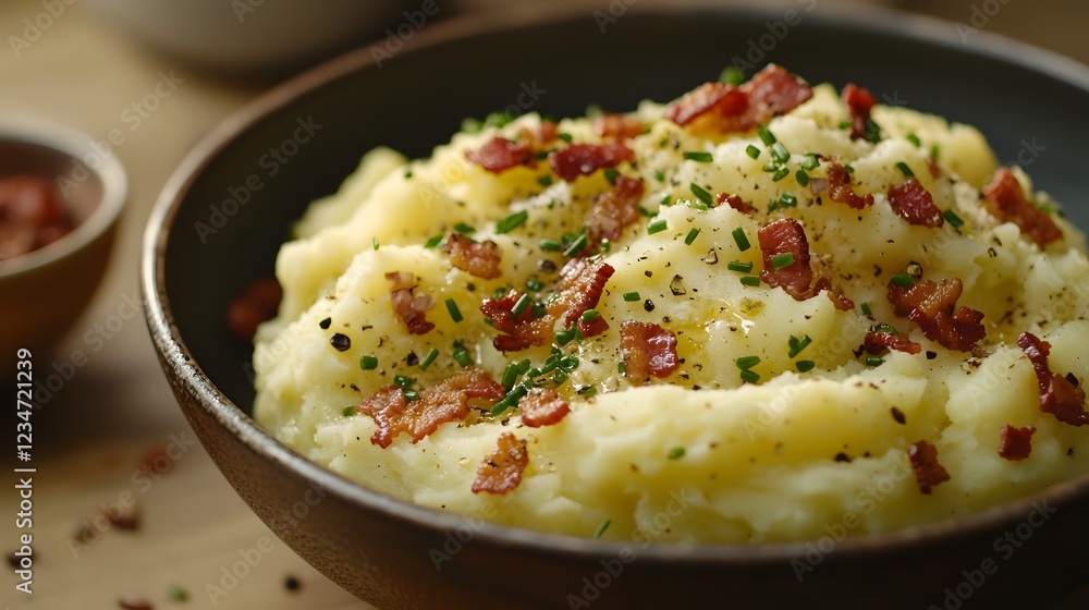 Smooth Warm Dish, Savory Mashed Potatoes with Crispy Bacon and Fragrant Chives, a Comforting and Flavor-Packed Side Dish Smooth Warm Dish, Savory Mashed Potatoes with Crispy Bacon and Fragrant Chives, a Comforting and Flavor-Packed Side Dish