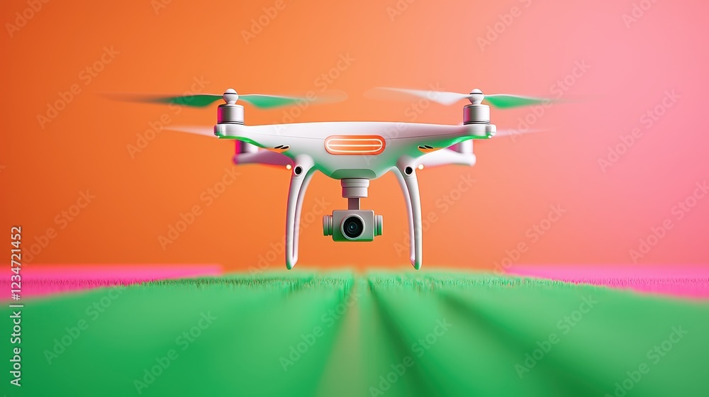 Modern Drone with Camera Over Colorful Background Modern Drone with Camera Over Colorful Background