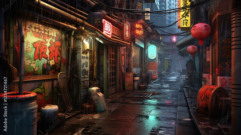 Obraz premium Cyberpunk street with glowing neon ads in sci-fi city. Futuristic cyberpunk street in the neighborhood