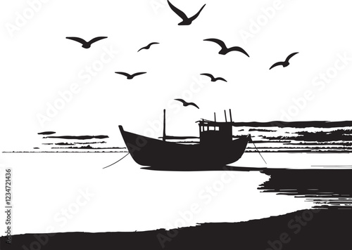 silhouette image, old fishing boat, vector