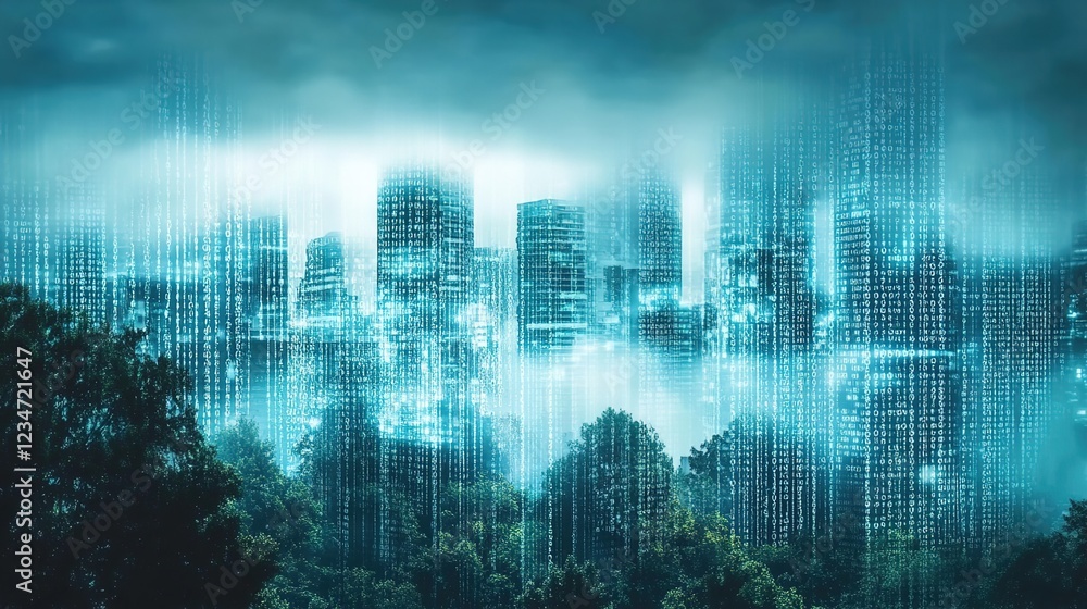 Fototapeta premium A cityscape with skyscrapers and trees in the background, covered by a storm of binary code that flows like raindrops. 