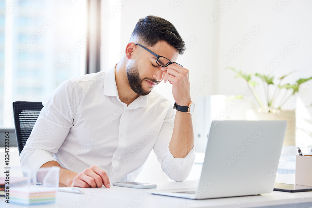 Frustrated, businessman or headache with laptop for strain, pressure or stress at office desk. Man, employee or accountant with migraine on computer for debt, vertigo or financial crisis at workplace Frustrated, businessman or headache with laptop for strain, pressure or stress at office desk. Man, employee or accountant with migraine on computer for debt, vertigo or financial crisis at workplace