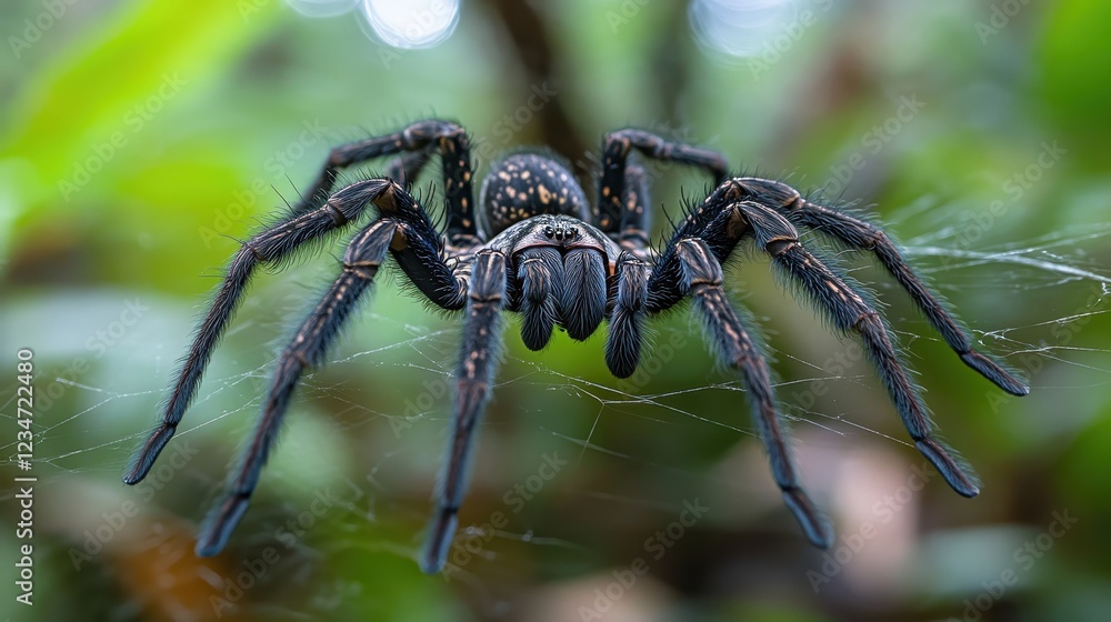 Close-up of a Black Spider on a Web in a Green Natural Setting Close-up of a Black Spider on a Web in a Green Natural Setting