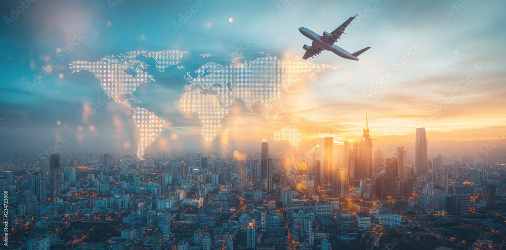Naklejka premium Global Connectivity: Airplane and World Map Over Cityscape