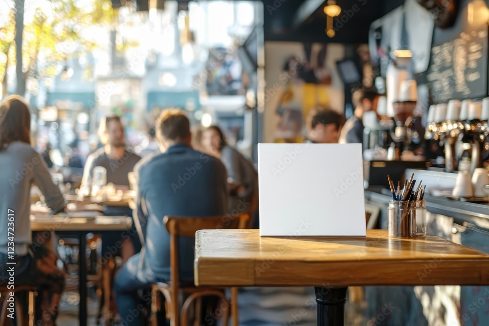 Blank canvas placed on a small table in a bustling café, with customers chatting and baristas at work.