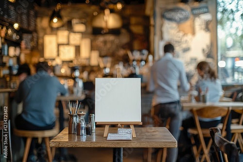 Wallpaper Mural Blank canvas placed on a small table in a bustling café, with customers chatting and baristas at work. Torontodigital.ca