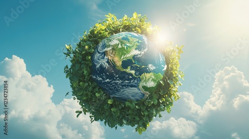 A planet Earth made of leaves and vines, centered in the sky with clouds behind it, with sunlight shining on part of its surface photo