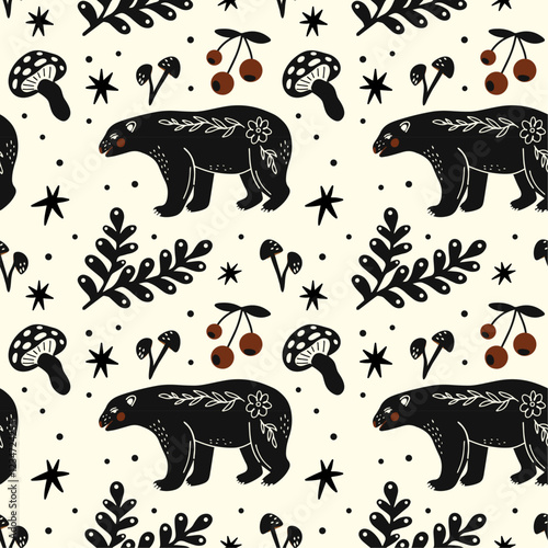 Abstract folk art seamless pattern with vector illustration of various woodland leaf branches, bear, sun, moon with ornaments in retro cartoon ethnic scandinavian boho style, aesthetic. 