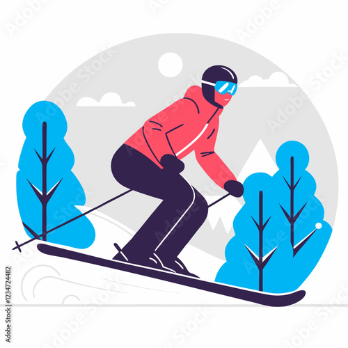 Skier gliding confidently through snowy landscape with trees and mountains in a colorful design copy space
