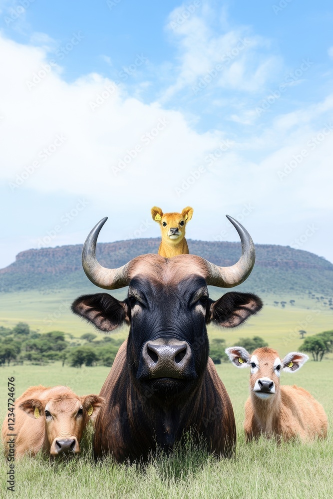 Playful Farm Scene with Cows and Calf in Green Pasture Landscape