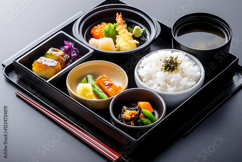 P A serene teishoku meal with vegetable tempu photo