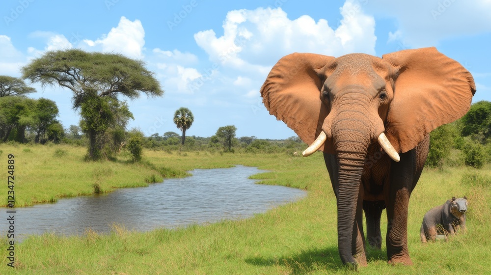Fototapeta premium Elephant in a Natural Habitat Near Waterbody and Vegetation