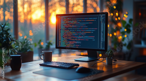 A minimalist workspace with a monitor showing vibrant lines of code and a coffee cup beside it. Bright lighting, contrast