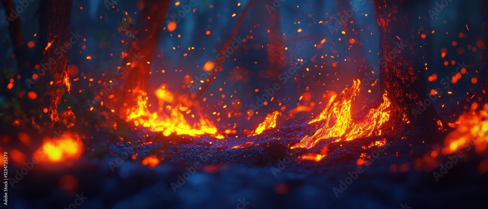 Captivating closeup of fiery embers and flames in a gigapixel high fidelity forest setting Captivating closeup of fiery embers and flames in a gigapixel high fidelity forest setting