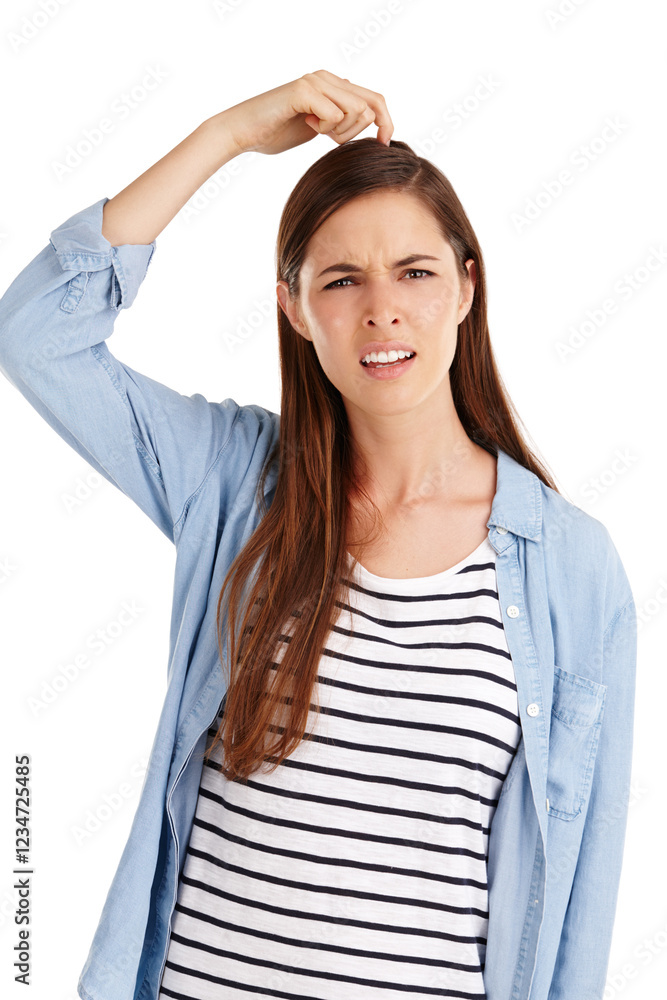 Confused, portrait and woman scratching head for doubt or news on white background in studio. Female person, decision and uncertain girl with ideas, why and questions for how to, thinking or choice Confused, portrait and woman scratching head for doubt or news on white background in studio. Female person, decision and uncertain girl with ideas, why and questions for how to, thinking or choice