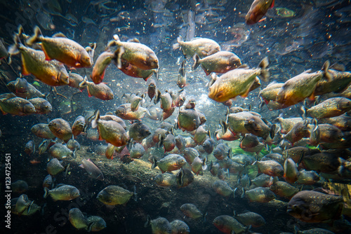 Photos Red bellied piranha fish (Pygocentrus Nattereri) swimming in river water in South America jungle