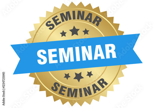 seminar. seminar round blue and gold label isolated on transparent background