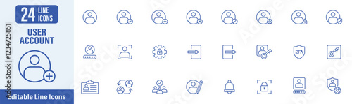 User Account web icons in line style. User account, avatar, add friend, user name, add profile, connect, password and more. Vector illustration.