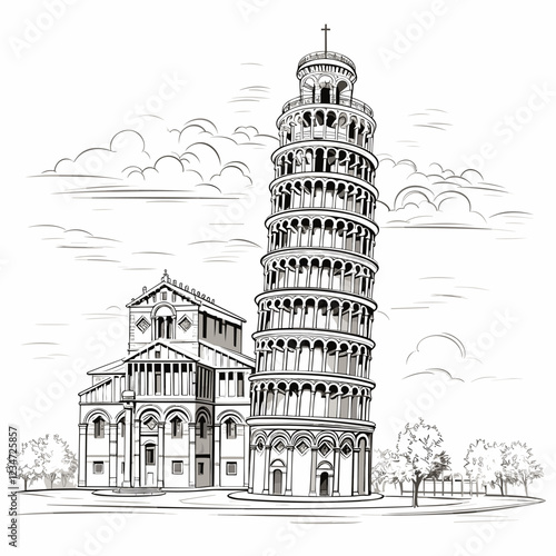 Leaning tower of Pisa hand-drawn comic illustration. Leaning tower of Pisa. Vector doodle style cartoon illustration
