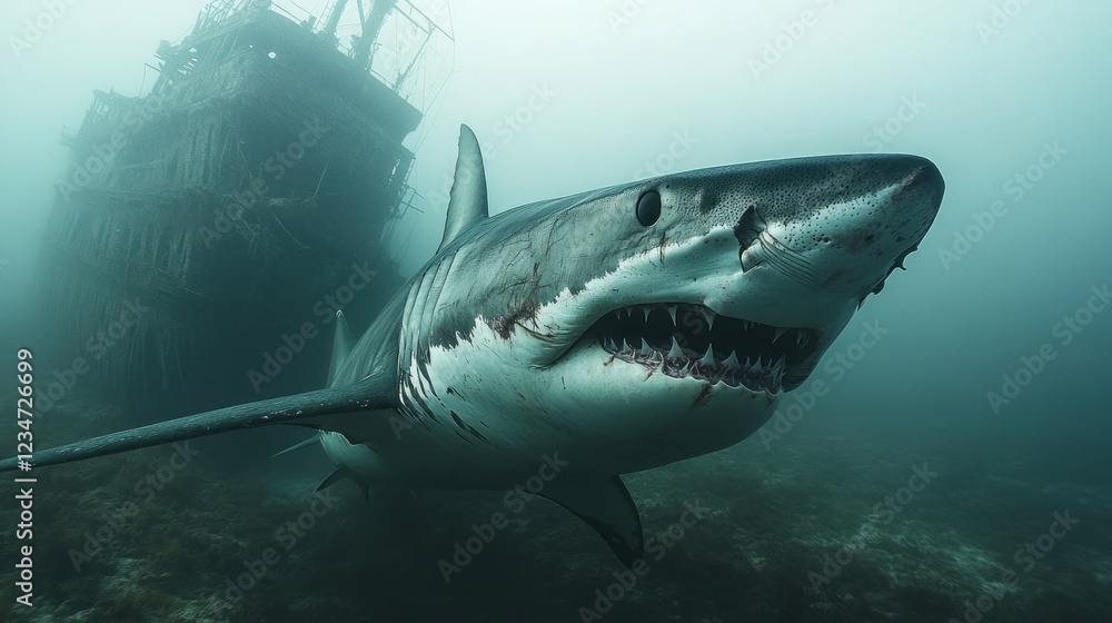 Fototapeta premium Great white shark swims near shipwreck, ocean background; wildlife documentary