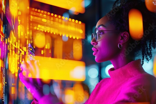 Young Woman Interacting with a Futuristic Digital Interface Glowing with Pink and Orange Neon Lights